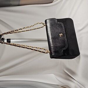 Morris Moskowitz Vintage Black Leather Shoulder Bag with Gold Chain